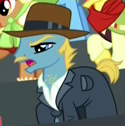 Size: 295x298 | Tagged: safe, screencap, species:earth pony, species:pony, episode:appleoosa's most wanted, g4, my little pony: friendship is magic, appleloosa resident, background pony, bush league, chest hair, clothing, coat, cowboy hat, cropped, facial hair, hat, male, moustache, not noteworthy, solo focus, stallion