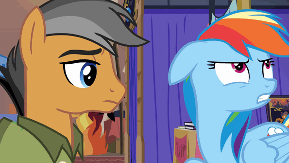 Size: 595x335 | Tagged: safe, screencap, character:quibble pants, character:rainbow dash, species:pony, episode:stranger than fanfiction, animated, rainbow slaps, slap, tail flick