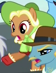 Size: 230x300 | Tagged: safe, screencap, species:earth pony, species:pony, episode:appleoosa's most wanted, g4, my little pony: friendship is magic, background pony, bush league, clothing, cowboy hat, cropped, female, hat, male, mare, not noteworthy, open mouth, stallion, unnamed pony