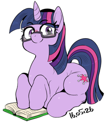 Size: 896x1056 | Tagged: safe, artist:nekubi, character:twilight sparkle, species:pony, species:unicorn, adorkable, book, bookhorse, cute, dork, female, glasses, looking at you, mare, prone, simple background, smiling, solo, twiabetes, white background