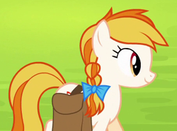 Size: 454x338 | Tagged: safe, screencap, character:peach melba, species:earth pony, species:pony, episode:trade ya, g4, my little pony: friendship is magic, background pony, bow, braid, cropped, female, hair bow, mare, saddle bag, solo