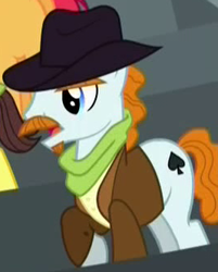 Size: 267x332 | Tagged: safe, screencap, species:earth pony, species:pony, episode:appleoosa's most wanted, g4, my little pony: friendship is magic, appleloosa resident, background pony, clothing, cowboy hat, cropped, facial hair, hat, jacket, male, moustache, pokerhooves, raised hoof, solo focus, stallion