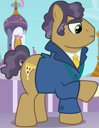 Size: 386x500 | Tagged: safe, screencap, character:joe pescolt, species:earth pony, species:pony, episode:princess spike, g4, my little pony: friendship is magic, background pony, clothing, cropped, jacket, male, raised hoof, solo, stallion