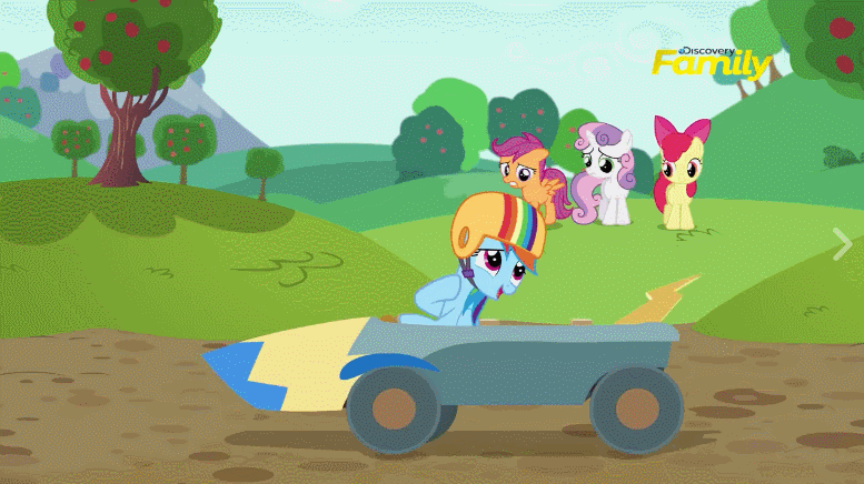 Size: 777x436 | Tagged: safe, screencap, character:apple bloom, character:applejack, character:rainbow dash, character:rarity, character:scootaloo, character:sweetie belle, species:pegasus, species:pony, episode:the cart before the ponies, g4, my little pony: friendship is magic, adorabloom, animated, cart, cute, cutealoo, cutie mark crusaders, diasweetes, discovery family logo