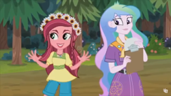 Size: 1366x768 | Tagged: safe, screencap, character:gloriosa daisy, character:princess celestia, character:principal celestia, equestria girls:legend of everfree, g4, my little pony:equestria girls, flower, flower in hair, geode of fauna, geode of shielding, geode of sugar bombs, geode of super speed, geode of super strength, magical geodes, scout uniform