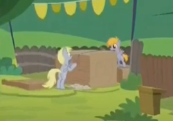 Size: 294x206 | Tagged: safe, screencap, character:crackle pop, character:derpy hooves, species:pegasus, species:pony, episode:the cart before the ponies, g4, my little pony: friendship is magic, female, lowres, mare