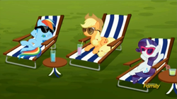 Size: 1273x711 | Tagged: safe, screencap, character:applejack, character:rainbow dash, character:rarity, species:pony, episode:the cart before the ponies, g4, my little pony: friendship is magic, chair, cute, discovery family logo, lawn chair, on back, prone, relaxing, side, smiling, sunglasses