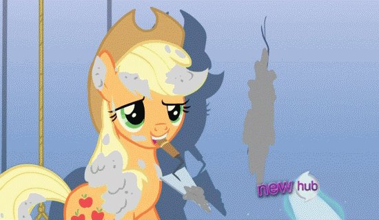 Size: 550x320 | Tagged: safe, screencap, character:applejack, character:rarity, species:earth pony, species:pony, species:unicorn, episode:it's about time, g4, my little pony: friendship is magic, all new, animated, cement, cleaning, dam, female, gif, handkerchief, hub logo, leaves, magic, mare, mouth hold, shipping fuel, smiling, telekinesis, text, wiping