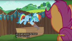 Size: 960x540 | Tagged: safe, screencap, character:rainbow dash, character:scootaloo, species:pegasus, species:pony, episode:the cart before the ponies, g4, my little pony: friendship is magic, discovery family logo, implied marriage, meme, safety goggles, saw, youtube caption