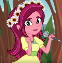 Size: 561x573 | Tagged: safe, screencap, character:gloriosa daisy, equestria girls:legend of everfree, g4, my little pony:equestria girls, cropped, geode of sugar bombs, geode of super speed, geode of super strength, magical geodes, microphone