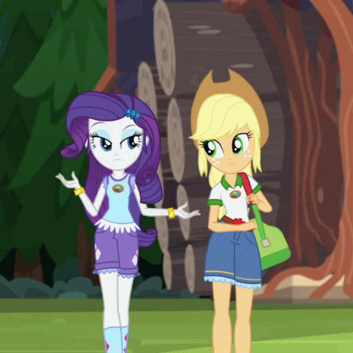 Size: 720x720 | Tagged: safe, screencap, character:applejack, character:rarity, equestria girls:legend of everfree, g4, my little pony:equestria girls, animated, bag, bracelet, clothing, cowboy hat, cropped, denim, flute, freckles, hat, hip sway, hips, jewelry, loop, musical instrument, shorts, socks, stetson, sway, swaying hips, walking