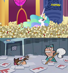 Size: 800x864 | Tagged: safe, screencap, character:princess celestia, species:pony, episode:28 pranks later, g4, my little pony: friendship is magic, big ol' pile o' scrolls, discovery family logo, janitor, scrollestia meme, the fairly oddparents, timmy turner