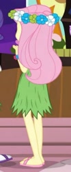 Size: 1080x2608 | Tagged: safe, screencap, character:fluttershy, episode:shake your tail, equestria girls:rainbow rocks, g4, my little pony:equestria girls, clothing, feet, flip-flops, flower, flower in hair, grass skirt, hula, hulashy, sandals, skirt, solo