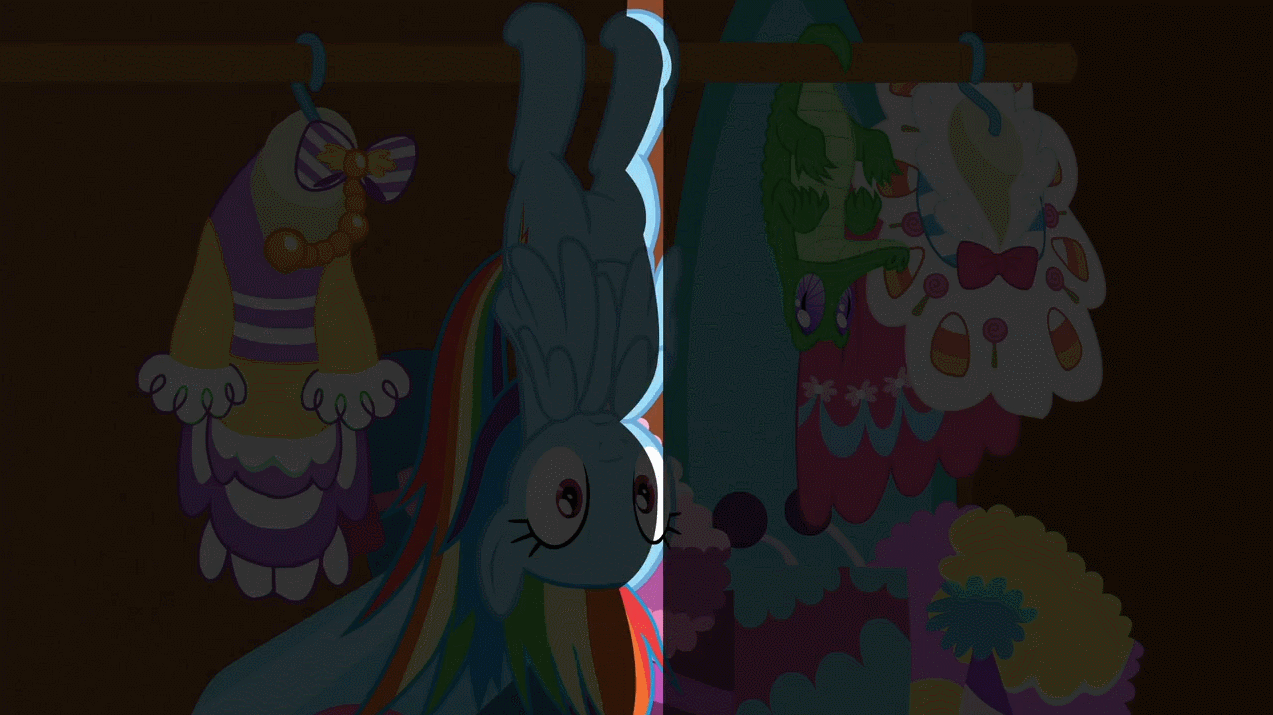 Size: 1273x715 | Tagged: safe, screencap, character:gummy, character:rainbow dash, species:pegasus, species:pony, episode:28 pranks later, g4, my little pony: friendship is magic, animated, behaving like a bat, boo, closet, clothing, cute, dashabetes, dress, female, gala dress, hooves, hooves to the chest, mare, solo, spread wings, upside down, wings
