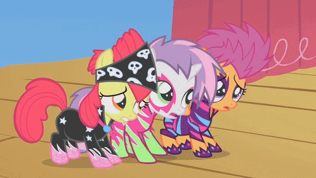 Size: 640x360 | Tagged: safe, screencap, character:apple bloom, character:scootaloo, character:sweetie belle, species:earth pony, species:pegasus, species:pony, species:unicorn, episode:the show stoppers, g4, my little pony: friendship is magic, animated, clothing, cutie mark crusaders, face paint, female, filly, shivering, show stopper outfits, stage fright