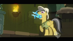 Size: 640x360 | Tagged: safe, screencap, character:daring do, species:pegasus, species:pony, episode:read it and weep, g4, my little pony: friendship is magic, hub logo, mouth hold, raised hoof, sapphire statue, solo