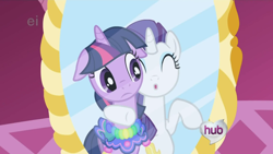 Size: 640x360 | Tagged: safe, screencap, character:rarity, character:twilight sparkle, episode:the ticket master, g4, my little pony: friendship is magic, ei, hub logo, saddle, tack