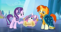 Size: 1665x893 | Tagged: safe, screencap, character:princess flurry heart, character:starlight glimmer, character:sunburst, species:pony, episode:the times they are a changeling, g4, my little pony: friendship is magic, baby bottle, baby carrier