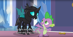 Size: 1920x975 | Tagged: safe, screencap, character:spike, character:thorax, species:changeling, episode:the times they are a changeling, g4, my little pony: friendship is magic, agender, meme, the lorax, youtube caption