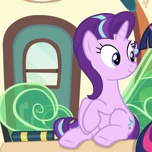 Size: 507x508 | Tagged: safe, screencap, character:starlight glimmer, character:twilight sparkle, character:twilight sparkle (alicorn), species:alicorn, species:pony, species:unicorn, episode:the times they are a changeling, g4, my little pony: friendship is magic, animated, blinking, book, cute, female, folded forelegs, glimmerbetes, hips, mare, offscreen character, sitting, solo focus