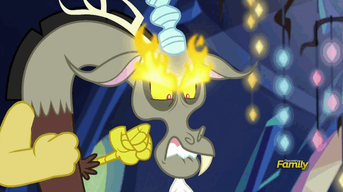 Size: 500x281 | Tagged: safe, screencap, character:discord, episode:dungeons & discords, angry, animated, discovery family logo, fire, furious, gif, great flaming eyebrows, solo, upset
