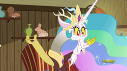 Size: 1280x720 | Tagged: safe, screencap, character:discord, character:princess celestia, species:draconequus, episode:dungeons & discords, cute, discord's celestia face, discovery family logo, discute, grin, male, smiling, solo