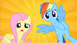 Size: 1062x599 | Tagged: safe, screencap, character:fluttershy, character:rainbow dash, species:pony, episode:what about discord?, g4, my little pony: friendship is magic, do not want, flying, frown, open mouth, smiling, smirk, spread wings, varying degrees of want, wings
