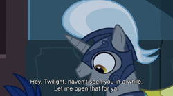 Size: 550x309 | Tagged: safe, screencap, character:twilight sparkle, species:pony, species:unicorn, episode:it's about time, g4, my little pony: friendship is magic, caption, guard, helmet, male, night guard, open mouth, out of context, royal guard, solo focus, stallion