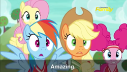 Size: 1599x900 | Tagged: safe, official, screencap, character:applejack, character:fluttershy, character:pinkie pie, character:rainbow dash, species:pony, episode:buckball season, g4, my little pony: friendship is magic, pinktails pie, subtitles