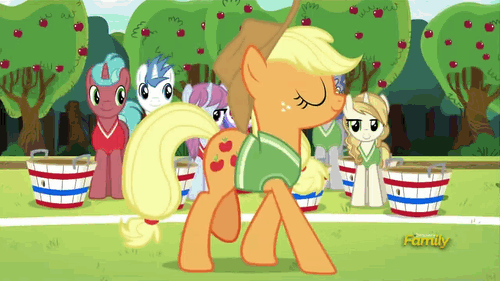 Size: 500x281 | Tagged: safe, screencap, character:applejack, character:lipstick vanity, character:orion, character:sea swirl, character:star bright, character:sweet biscuit, species:pony, episode:buckball season, g4, my little pony: friendship is magic, animated, basket, buckbasket, bushel basket, crimson heart, discovery family logo, gif, unnamed pony