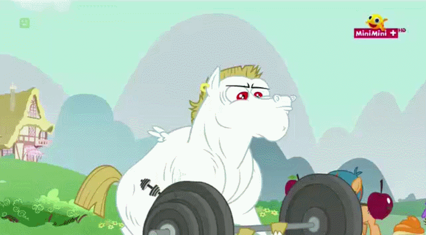 Size: 852x471 | Tagged: safe, screencap, character:alula, character:bulk biceps, character:pluto, species:earth pony, species:pegasus, species:pony, episode:the fault in our cutie marks, g4, my little pony: friendship is magic, animated, apple barbell, barbell, bipedal, bluegrass (character), colt, cupcake barbell, female, filly, gif, hard rock (character), hoof hold, male, minimini, mouth hold, pluto, ponyville, stallion, trio