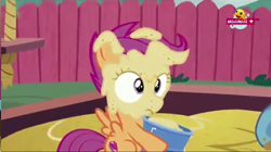 Size: 1278x718 | Tagged: safe, screencap, character:scootaloo, species:pegasus, species:pony, episode:the fault in our cutie marks, g4, my little pony: friendship is magic, cutie mark, minimini, sand, solo, the cmc's cutie marks