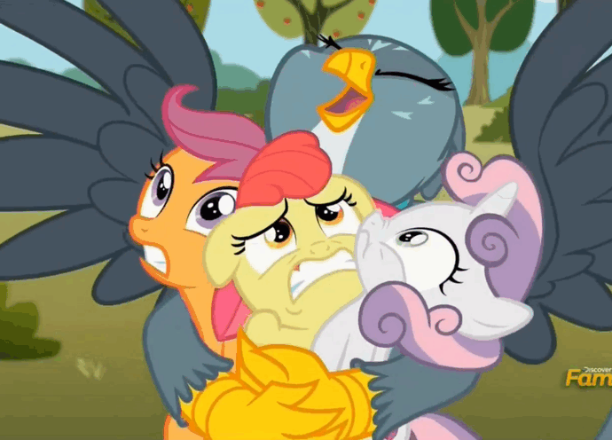 Size: 690x496 | Tagged: safe, screencap, character:apple bloom, character:gabby, character:scootaloo, character:sweetie belle, species:earth pony, species:griffon, species:pegasus, species:pony, episode:the fault in our cutie marks, g4, my little pony: friendship is magic, animated, bear hug, cropped, cutie mark, cutie mark crusaders, gif, hug, loop, squeezing, the cmc's cutie marks