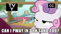 Size: 610x343 | Tagged: safe, screencap, character:petunia paleo, character:scootaloo, character:sweetie belle, species:earth pony, species:pegasus, species:pony, episode:the fault in our cutie marks, g4, my little pony: friendship is magic, meme, sandbox, swing