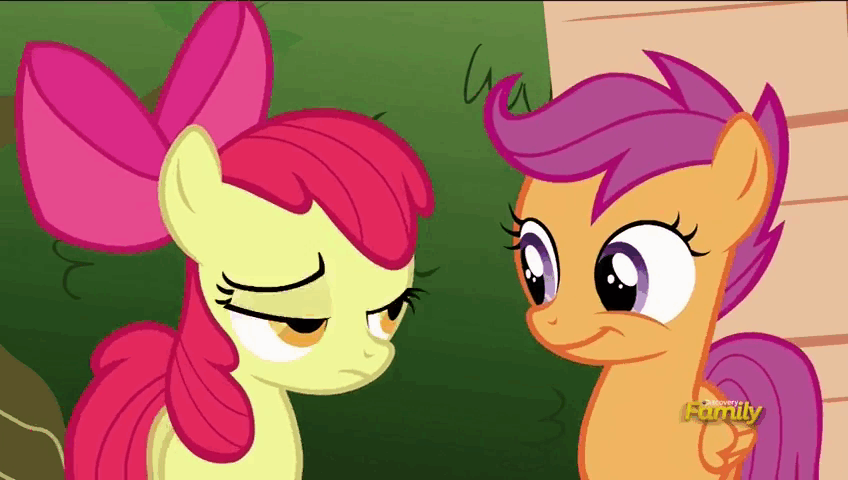 Size: 848x480 | Tagged: safe, screencap, character:apple bloom, character:scootaloo, species:pegasus, species:pony, episode:the fault in our cutie marks, g4, my little pony: friendship is magic, reaction image, unamused