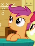 Size: 116x153 | Tagged: safe, screencap, character:apple bloom, character:gabby, character:scootaloo, species:griffon, species:pegasus, species:pony, episode:the fault in our cutie marks, g4, my little pony: friendship is magic, animated, aside glance, breaking the fourth wall, gif, looking at you, reaction image