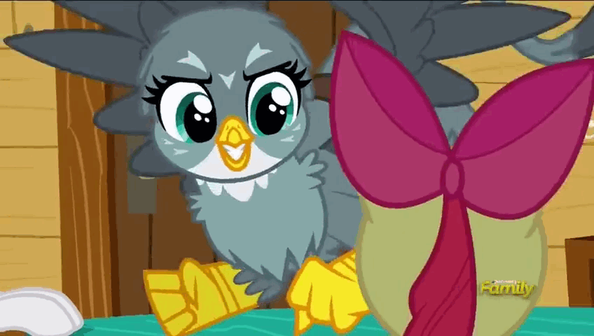 Size: 848x480 | Tagged: safe, screencap, character:apple bloom, character:gabby, species:griffon, episode:the fault in our cutie marks, g4, my little pony: friendship is magic, smiling