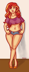 Size: 492x1200 | Tagged: safe, artist:mcponyponypony, character:sunset shimmer, species:human, my little pony:equestria girls, belly button, clothing, curvy, female, midriff, short shirt, solo, wide hips