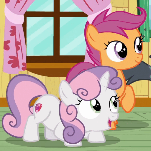 Size: 512x512 | Tagged: safe, screencap, character:gabby, character:scootaloo, character:sweetie belle, species:griffon, species:pegasus, species:pony, episode:the fault in our cutie marks, g4, my little pony: friendship is magic, animated, behaving like a dog, butt shake, cute, cutie mark, diasweetes, gif, out of context, the cmc's cutie marks, trotting, trotting in place, twerking