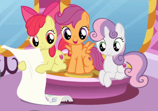 Size: 544x383 | Tagged: safe, screencap, character:apple bloom, character:scootaloo, character:sweetie belle, species:pegasus, species:pony, episode:the fault in our cutie marks, g4, my little pony: friendship is magic, animated, blinking, cute, cutie mark, cutie mark crusaders, gif, loop, reversed, the cmc's cutie marks