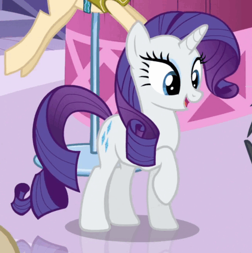 Size: 509x510 | Tagged: safe, screencap, character:gabby, character:rarity, species:griffon, species:pony, species:unicorn, episode:the fault in our cutie marks, g4, my little pony: friendship is magic, animated, blinking, cute, female, gif, mare, open mouth, raised hoof, raribetes, smiling
