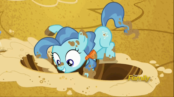 Size: 600x337 | Tagged: safe, screencap, character:petunia paleo, species:earth pony, species:pony, episode:the fault in our cutie marks, g4, my little pony: friendship is magic, animated, cute, digging, eager, filly, foal, gif, grin, happy, petuniabetes, sand, sandbox, smiling, solo