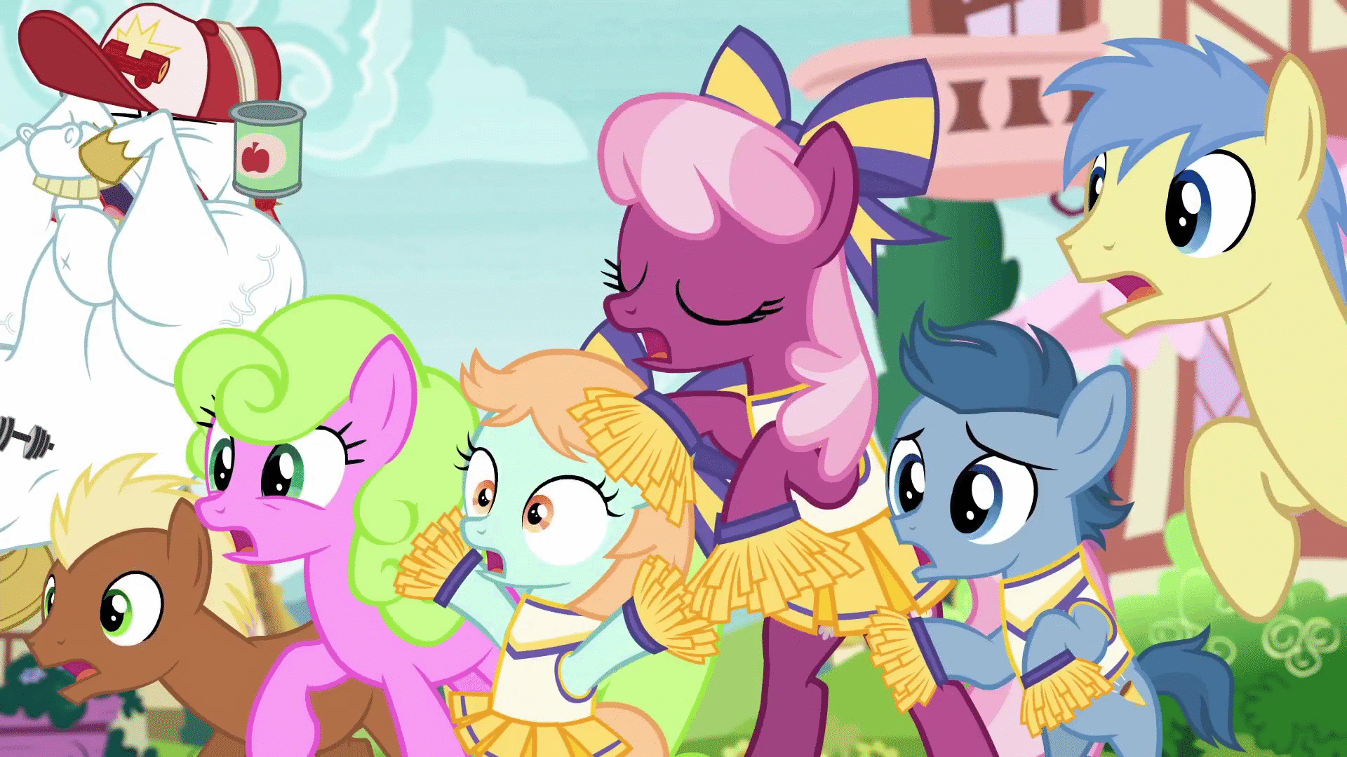 Size: 1920x1080 | Tagged: safe, screencap, character:bulk biceps, character:cheerilee, character:daisy, character:goldengrape, character:meadow song, character:peach fuzz, species:pony, episode:the cart before the ponies, g4, my little pony: friendship is magic, adaisable, animated, bulkabetes, cheeribetes, cheerileeder, cheering, cheerleader, cheerleader outfit, cheerleading, clothing, colt, cute, diapeaches, filly, foal, gif, hair bow, male, perky prep, pleated skirt, pom pom, ponyville, raised hoof, shocked, skirt, worried