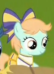 Size: 179x244 | Tagged: safe, screencap, character:peach fuzz, species:pony, episode:the cart before the ponies, g4, my little pony: friendship is magic, avatar, cheerleader, cheerleader outfit, close-up, clothing, cute, diapeaches, filly, foal, hair bow, pleated skirt, skirt, smiling, solo