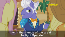 Size: 2553x1437 | Tagged: safe, official, screencap, character:applejack, character:fluttershy, character:gladmane, species:pony, episode:viva las pegasus, g4, my little pony: friendship is magic, captions, implied twilight sparkle, preview