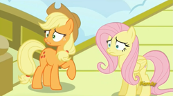 Size: 1273x707 | Tagged: safe, screencap, character:applejack, character:fluttershy, species:pony, episode:viva las pegasus, g4, my little pony: friendship is magic, discovery family logo