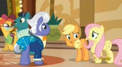 Size: 1672x916 | Tagged: safe, screencap, character:applejack, character:chargrill breadwinner, character:fluttershy, character:gladmane, character:orange slice, species:pony, episode:viva las pegasus, g4, my little pony: friendship is magic
