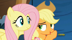 Size: 1275x711 | Tagged: safe, screencap, character:applejack, character:fluttershy, species:pony, episode:viva las pegasus, g4, my little pony: friendship is magic, discovery family logo