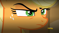 Size: 1575x880 | Tagged: safe, screencap, character:applejack, species:pony, episode:viva las pegasus, g4, my little pony: friendship is magic, discovery family logo, frown, solo, stare, unamused, unconvinced applejack