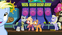 Size: 1920x1080 | Tagged: safe, screencap, character:frying pan, character:lightning riff, character:sweet buzz, species:earth pony, species:pony, species:rabbit, species:unicorn, episode:viva las pegasus, g4, my little pony: friendship is magic, background pony, clothing, female, glasses, hawaiian shirt, las pegasus resident, male, mare, panda, pants, plushie, ring toss, shoes, skeeball, skirt, socks, stallion, tourist, unnamed pony